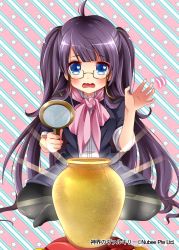 Rule 34 | 1girl, ahoge, black pantyhose, blue eyes, blush, breasts, company name, glasses, long hair, looking at viewer, magnifying glass, medium breasts, open mouth, pantyhose, picpicgram, purple hair, shinkai no valkyrie, short sleeves, sitting, solo, star (symbol), starry background, twintails, wavy mouth