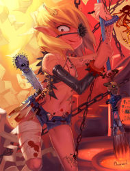 Rule 34 | 1girl, bad id, bad pixiv id, bandages, blonde hair, blood, bracelet, chain, crazy eyes, demon girl, covered erect nipples, eyepatch, flat chest, highres, horns, jewelry, observerz, oni, open fly, original, pointy ears, scar, short hair, shorts, solo, spiked bracelet, spikes, tattoo, unzipped