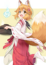 Rule 34 | 1girl, :d, animal ear fluff, animal ears, apron, blue fire, blush, brown apron, brown background, brown eyes, brown hair, commentary request, fang, fire, flower, fox ears, fox girl, fox tail, hair between eyes, hair flower, hair ornament, hakama, hakama skirt, hitodama, holding, holding pot, japanese clothes, kimono, long sleeves, miko, miri (ago550421), no shoes, open mouth, pot, red flower, red hakama, ribbon-trimmed sleeves, ribbon trim, senko (sewayaki kitsune no senko-san), sewayaki kitsune no senko-san, skirt, smile, socks, soles, solo, standing, standing on one leg, tabi, tail, tail raised, two-tone background, white background, white kimono, white socks, wide sleeves