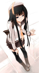 Rule 34 | 1girl, akata itsuki, beret, black hair, boots, brown hat, cross-laced footwear, glasses, hand on own thigh, hat, lace-up boots, original, school uniform, serafuku, solo, thighhighs, white hat