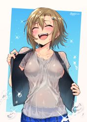 Rule 34 | 1girl, blush, breasts, brown hair, covered erect nipples, cowboy shot, closed eyes, gojarun, hair ornament, hairclip, highres, idolmaster, idolmaster cinderella girls, medium breasts, nipples, no bra, open clothes, open mouth, open vest, see-through, short hair, smile, solo, tada riina, vest, water drop, wet, wet clothes