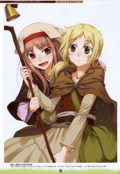 Rule 34 | 2girls, 3:, :d, absurdres, bag, bell, blonde hair, blush, brown eyes, brown hair, cape, fang, fangs, hat, highres, holo, koume keito, long hair, multiple girls, nora arento, open mouth, ponytail, red eyes, scan, shepherd, shepherd&#039;s crook, short hair, skirt, smile, spice and wolf, staff, sweatdrop