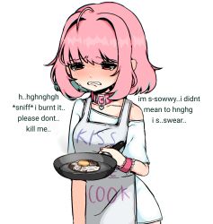 Rule 34 | 1girl, ahoge, apron, blue hair, blush, burnt, collar, collarbone, crying, crying with eyes open, egg, english text, failure, frying pan, hair intakes, heart collar, highres, idolmaster, idolmaster cinderella girls, multicolored hair, parted lips, pink eyes, pink hair, short hair, short sleeves, snale, solo, tears, teeth, white background, yumemi riamu