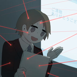 Rule 34 | 1boy, :d, @ @, absurdres, avogado6, blue necktie, brown hair, collared shirt, commentary, formal, highres, holding, holding paper, laser, laser pointer projection, looking down, male focus, necktie, nervous, nervous sweating, open mouth, original, paper, parted bangs, projector screen, shirt, short hair, smile, solo, suit, sweat, translation request, upper body