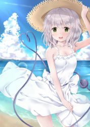 Rule 34 | 1girl, alternate costume, alternate headwear, arm up, bare arms, beach, blue sky, breasts, cleavage, collarbone, commentary, contrapposto, cowboy shot, day, dress, green eyes, hand on headwear, hat, heart, heart of string, highres, horizon, komeiji koishi, lens flare, looking at viewer, ocean, open mouth, outdoors, short hair, silver hair, skirt hold, sky, small breasts, solo, standing, straw hat, sundress, teeth, third eye, touhou, upper teeth only, white dress, wind, wind lift, yuzuki sora