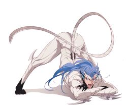Rule 34 | 1boy, arrancar, bleach, blue eyes, blue hair, crossed arms, fangs, full body, grimmjow jaegerjaquez, highres, jack-o&#039; challenge, long hair, looking at viewer, male focus, meme, open mouth, solo, teeth, tobu (bilibil), top-down bottom-up, white background