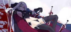 Rule 34 | 1girl, armpits, bandaged arm, bandages, bare shoulders, belt, belt buckle, black panties, black thighhighs, blood, blood splatter, bloody weapon, breasts, buckle, cape, closed mouth, dagger, dutch angle, fate/apocrypha, fate/grand order, fate (series), glint, gloves, green eyes, jack the ripper (fate/apocrypha), knife, looking at viewer, lying, navel, on back, panties, scar, short hair, silver hair, single glove, solo, thighhighs, touzai (poppin phl95), underwear, weapon