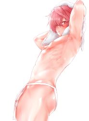 Rule 34 | 1boy, armpits, arms behind head, arms up, ass, blush, bulge, cowboy shot, drying, drying hair, fate/grand order, fate (series), from side, fundoshi, fuuma kotarou (fate), hair over one eye, highres, holding, holding towel, japanese clothes, kamenakake, looking at viewer, male focus, nipples, parted bangs, parted lips, pectorals, red eyes, red hair, shiny skin, short hair, solo, standing, toned, toned male, towel, towel on head, trap, underwear, underwear only
