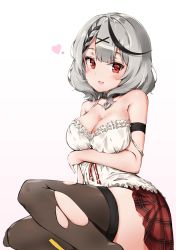 Rule 34 | 1girl, :d, absurdres, arm strap, black collar, black hair, black thighhighs, blush, braid, braided bangs, breasts, camisole, cleavage, collar, frilled camisole, frills, grey hair, hair ornament, hairclip, highres, hololive, komasi, large breasts, looking at viewer, medium hair, miniskirt, multicolored hair, open mouth, plaid, plaid skirt, pleated skirt, red eyes, red skirt, sakamata chloe, simple background, sitting, skirt, smile, solo, strap slip, streaked hair, thighhighs, torn clothes, torn thighhighs, virtual youtuber, white background, white camisole, x hair ornament