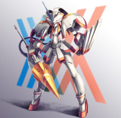 Rule 34 | 10s, breasts, clenched hand, commentary request, darling in the franxx, holding, holding polearm, holding spear, holding weapon, humanoid robot, looking at viewer, mecha, medium breasts, no humans, noruka-soruka, polearm, robot, spear, standing, strelizia, weapon