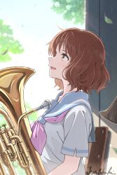 Rule 34 | 1girl, :d, absurdres, blue sailor collar, brown eyes, brown hair, chair, day, falling leaves, from side, hibike! euphonium, highres, holding, holding instrument, instrument, junshiki, leaf, looking up, neckerchief, open mouth, oumae kumiko, outdoors, pink neckerchief, profile, sailor collar, school uniform, shirt, short hair, short sleeves, sidelocks, signature, sitting, smile, solo, sweat, trombone, upper body, white shirt