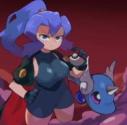 Rule 34 | 1girl, absurdres, black cape, blue eyes, blue hair, breasts, cape, clair (pokemon), closed mouth, creatures (company), dragon, dragonair, frown, game freak, gen 1 pokemon, gym leader, hand on own hip, highres, horn, large breasts, looking at viewer, nintendo, poke ball, poke ball (basic), pokemon, pokemon (creature), pokemon gsc, ponytail, rising (risingacetrainer), shaded face, sideboob, skin tight, solo, v-shaped eyebrows