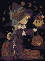 Rule 34 | 1girl, alternate costume, black background, blonde hair, crescent moon, detached collar, dress, earrings, frilled dress, frills, hair over one eye, halloween, halloween costume, hat, high heels, highres, holding, jack-o&#039;-lantern, jewelry, long hair, looking at viewer, luma (mario), mario (series), mario kart, mario kart tour, moon, nail polish, necklace, nintendo, nonana (galaxycat89p13), open mouth, red nails, ribbon, rosalina, smile, solo, star (symbol), torn clothes, torn legwear, wand, witch hat