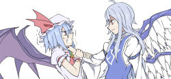 Rule 34 | 2girls, :d, alternate eye color, angel wings, armband, ascot, asphyxiation, bad id, bad pixiv id, bat wings, blue dress, blue hair, brooch, clenched teeth, dress, emblem, eye contact, hat, hat ribbon, image sample, jewelry, kenuu (kenny), light purple hair, long hair, long sleeves, looking at another, mob cap, multicolored wings, multiple girls, multiple wings, open mouth, pixiv sample, profile, red eyes, remilia scarlet, ribbon, sariel (touhou), shaded face, shirt, short hair, short sleeves, sidelocks, silver hair, simple background, sleeveless, sleeveless dress, smile, strangling, teeth, touhou, touhou (pc-98), trembling, turtleneck, upper body, white background, white dress, white shirt, wings