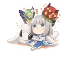 Rule 34 | +++, 1boy, ^ ^, blue cloak, blue eyes, blue footwear, blush, character request, chibi, cloak, closed eyes, closed mouth, colored skin, commentary request, fate/grand order, fate (series), flower, fur-trimmed cloak, fur trim, green hair, green skin, grey hair, hair flower, hair ornament, heart, highres, juliet sleeves, long sleeves, male focus, notice lines, oberon (fate), open mouth, puffy sleeves, shirt, shoe soles, shoes, sitting, socks, solo, swept bangs, totatokeke, white background, white flower, white shirt, white socks, zzz