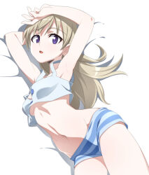 Rule 34 | 1girl, armpits, blonde hair, blue eyes, blue stripes, blush, breasts, eila ilmatar juutilainen, long hair, looking at viewer, lying, nanashino, navel, on side, open mouth, presenting armpit, shiny skin, shorts, simple background, small breasts, solo, strike witches, striped clothes, striped shorts, white background, world witches series