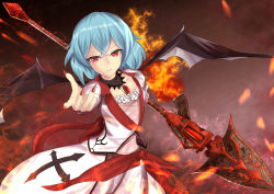 Rule 34 | 1girl, alternate costume, bat wings, blue hair, brooch, cross, dress, fingernails, fire, gradient background, jewelry, latin text, layered dress, light smile, lightning, long fingernails, looking at viewer, nail polish, necklace, no headwear, outstretched hand, red eyes, red nails, remilia scarlet, sash, sharp fingernails, short hair, short sleeves, sinkai, slit pupils, solo, spear the gungnir, touhou, wings