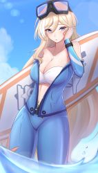 Rule 34 | 1girl, absurdres, bianka durandal ataegina, bikini, blonde hair, blue eyes, blue sky, bodysuit, breasts, cleavage, closed mouth, cloud, cloudy sky, diving suit, goggles, goggles on head, hair between eyes, highres, holding, holding surfboard, honkai (series), honkai impact 3rd, laxiusart, long hair, looking at viewer, outdoors, sky, solo, strapless, strapless bikini, surfboard, swimsuit, wading, water, wet, wetsuit, white bikini