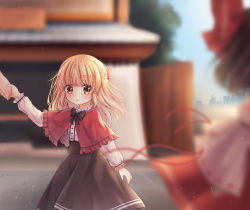 Rule 34 | 2girls, aged down, alternate costume, alternate hairstyle, arm up, black skirt, blonde hair, blurry, blurry background, blurry foreground, braid, brown hair, capelet, commentary request, cropped legs, day, detached sleeves, french braid, hair ribbon, hakurei reimu, high-waist skirt, highres, holding hands, kirisame marisa, light particles, long sleeves, looking at another, medium hair, mimi89819132, multiple girls, out of frame, outdoors, parted lips, red capelet, red skirt, ribbon, shirt, skirt, standing, touhou, white shirt, wind, wind lift, yellow eyes