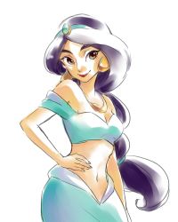 Rule 34 | 1girl, aladdin (disney), arabian clothes, arm at side, black hair, blouse, blue pants, blue shirt, braid, breasts, brown eyes, cleavage, collarbone, dark-skinned female, dark skin, disney, earrings, fingernails, hand on own hip, happy, highres, jasmine (disney), jewelry, lips, long hair, looking away, midriff, misoko, multi-tied hair, navel, necklace, off shoulder, pants, red lips, shirt, simple background, small breasts, smile, solo, tank top, thick eyebrows, tiara, upper body, white background