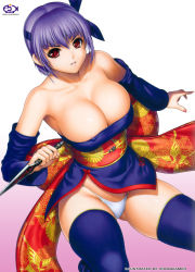 Rule 34 | 1girl, absurdres, areola slip, artist name, ayane (doa), bare shoulders, breasts, covered erect nipples, dead or alive, detached sleeves, gradient background, hair ribbon, headband, highres, iruma kamiri, japanese clothes, kunai, large breasts, nail polish, panties, pink background, purple hair, red eyes, ribbon, short hair, simple background, solo, standing, tecmo, thighhighs, underwear, weapon, white background, white panties