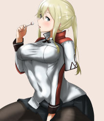 Rule 34 | 1girl, black gloves, black pantyhose, blonde hair, blue eyes, blush, breasts, candy, capelet, caramel, chupa chups, closed mouth, cropped torso, crossed arms, food, gloves, graf zeppelin (kancolle), hair between eyes, highres, impossible clothes, kantai collection, large breasts, lollipop, long hair, long sleeves, looking at viewer, military, military uniform, necktie, no headwear, no headwear, pantyhose, quad tails, red necktie, simple background, solo, sweat, tama (tamago), twintails, uniform