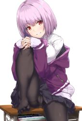 Rule 34 | 10s, 1girl, black pantyhose, black skirt, blush, breasts, clothes lift, commentary request, desk, feet, gridman universe, grin, hands on own knees, highres, hood, hooded jacket, interlocked fingers, jacket, knee up, large breasts, light purple hair, long sleeves, looking at viewer, md5 mismatch, nanaku teiru, no shoes, off shoulder, on desk, panties, panties under pantyhose, pantyhose, parted lips, pleated skirt, red eyes, resolution mismatch, school desk, school uniform, see-through, shinjou akane, shirt, short hair, simple background, sitting, skirt, skirt lift, smile, solo, source larger, ssss.gridman, toes, underwear, white background, white shirt
