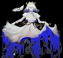 Rule 34 | 1boy, black background, blanca (fate), blue eyes, bug, centipede, clothes lift, cricket, crown, diamond hairband, dress, dress lift, fate/grand order, fate (series), grey hair, insect, long sleeves, looking at viewer, male focus, medium hair, moth, no wings, oberon (fate), provercrinolin, simple background, smile, white dress