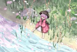Rule 34 | 1girl, ahoge, back bow, black bow, black hat, bow, bowl, bowl hat, commentary, day, fish, from above, full body, grass, hat, highres, japanese clothes, kibisake, kimono, long sleeves, mini person, minigirl, on ground, open mouth, outdoors, petals, pink kimono, purple hair, red eyes, river, short hair, sitting, solo, sukuna shinmyoumaru, touhou, water
