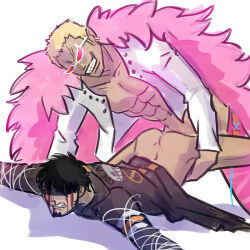 Rule 34 | 2boys, abs, anal, ass, black coat, black hair, bleeding, blonde hair, blood, blood on face, closed eyes, clothed sex, coat, donquixote doflamingo, evil grin, evil smile, facial hair, feather coat, goatee, grin, male focus, male penetrated, male pubic hair, maxkennedy nsfw, multiple boys, muscular, muscular male, one piece, prone bone, pubic hair, restrained, sex, sex from behind, shirt, short hair, smile, sunglasses, thread, trafalgar law, white shirt, yaoi