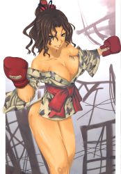 Rule 34 | 1girl, bare shoulders, blue eyes, boxing, boxing gloves, breasts, brown hair, cleavage, gloves, hair ornament, highres, japanese clothes, kimono, large breasts, long hair, onnmyou, original, ponytail, short kimono, smile, solo, tattoo