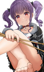 Rule 34 | 1girl, absurdres, bang dream!, bare legs, barefoot, buckle, choker, curly hair, drumsticks, fur trim, highres, holding, holding drumsticks, lace trim, looking at viewer, noshimurin, purple hair, red eyes, sidelocks, sitting, smile, solo, star (symbol), thighs, toes, twintails, udagawa ako, white background