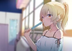Rule 34 | 1girl, absurdres, bare shoulders, blonde hair, blurry, blurry background, braid, choro tofu, commentary request, day, depth of field, food, hair between eyes, hand up, highres, holding, holding food, indoors, natori sana, off-shoulder shirt, off shoulder, ponytail, popsicle, red eyes, sana channel, shirt, short sleeves, solo, tongue, tongue out, upper body, virtual youtuber, white shirt, window