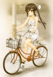 Rule 34 | 1girl, bad id, bad pixiv id, bag, bare arms, bare legs, bare shoulders, bicycle, bicycle basket, blurry, blurry background, blush, bottle, brown eyes, brown footwear, brown hair, bug, closed mouth, collarbone, day, depth of field, dragonfly, dress, flat chest, full body, highres, insect, k-on!, long hair, menyoujan, musical note, nakano azusa, nose blush, outdoors, pole, print dress, riding, road, sandals, shopping bag, sidelocks, sitting, sleeveless, sleeveless dress, smile, solo, speech bubble, speed lines, spoken musical note, street, sundress, translated, twintails, white dress
