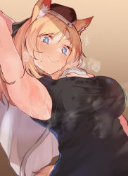 Rule 34 | 1girl, animal ears, arito arayuru, arknights, arm up, armpits, black hat, black shirt, blonde hair, blue eyes, breasts, closed mouth, garrison cap, hat, highres, horse ears, horse girl, horse tail, large breasts, long hair, looking at viewer, shirt, sleeveless, sleeveless shirt, smile, solo, steam, sweat, tail, upper body, whislash (arknights)