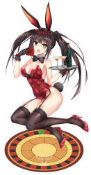 Rule 34 | 1girl, animal ears, asle, bare shoulders, black bow, black bowtie, black gloves, black hair, bottle, bow, bowtie, breasts, brown eyes, brown thighhighs, card, character name, cleavage, collar, cup, date a live, detached collar, drink, drinking glass, fake animal ears, fishnet thighhighs, fishnets, full body, garter straps, gloves, heterochromia, high heels, holding, holding card, holding tray, leotard, long hair, medium breasts, playboy bunny, rabbit ears, rabbit girl, rabbit tail, red eyes, red footwear, red leotard, shoes, simple background, solo, strapless, strapless leotard, tail, thighhighs, tokisaki kurumi, tray, twintails, very long hair, white background, white collar, wing collar