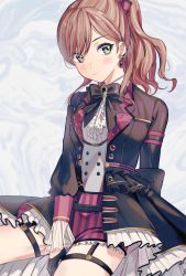 Rule 34 | 1girl, bang dream!, black gloves, black jacket, blush, bow, brown hair, center frills, closed mouth, earrings, frilled jacket, frilled skirt, frills, gloves, green eyes, grey vest, hair bow, half gloves, highres, imai lisa, jacket, jewelry, long hair, long sleeves, looking at viewer, open clothes, open jacket, ponytail, red bow, see-through, shirt, sitting, skirt, sleeves past wrists, solo, striped bow, striped clothes, striped skirt, tiny (tini3030), vertical-striped clothes, vertical-striped skirt, vest, white shirt