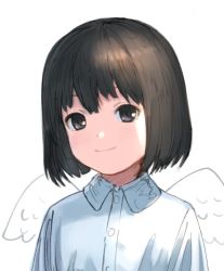 Rule 34 | 1girl, angel wings, black eyes, black hair, bob cut, closed mouth, collared shirt, dress shirt, feathered wings, looking at viewer, original, shirt, short hair, simple background, smile, solo, wasabi60, white background, white shirt, wing collar, wings
