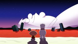 Rule 34 | 3boys, apocalypse, brian griffin, collar, dog, the end of evangelion, family guy, from behind, glasses, highres, lolwutburger, multiple boys, neon genesis evangelion, parody, peter griffin, red collar, shadow, sitting, sky, standing, star (sky), starry sky, stewie griffin
