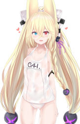Rule 34 | 1girl, :d, absurdres, animal ears, bare shoulders, blonde hair, blue eyes, bow, breasts, character name, checkered bow, checkered clothes, chinese commentary, commentary request, fang, g41 (beach punk 2064) (girls&#039; frontline), g41 (girls&#039; frontline), girls&#039; frontline, gluteal fold, hair between eyes, hair bow, hair ornament, hair ribbon, heart, heart-shaped pupils, heterochromia, highres, long hair, low-tied long hair, name tag, official alternate costume, old school swimsuit, one-piece swimsuit, open mouth, purple ribbon, red eyes, ribbon, ru zhai, school swimsuit, simple background, small breasts, smile, solo, standing, swimsuit, symbol-shaped pupils, very long hair, wet, white background, white one-piece swimsuit, white school swimsuit