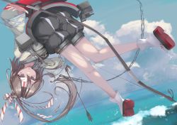 Rule 34 | 1girl, absurdres, blue sky, bow (weapon), cloud, commentary request, day, fei (feikotake), full body, grey hair, hachimaki, hakama, hakama pants, hakama shorts, headband, high ponytail, highres, japanese clothes, kantai collection, long hair, looking at viewer, machinery, outdoors, pants, ponytail, shorts, sky, solo, weapon, zuihou (kancolle)