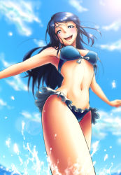 Rule 34 | 1girl, armpits, bikini, blue bikini, blue eyes, blue hair, blush, bow, bow bikini, breasts, cloud, day, covered erect nipples, from below, futaba aoi (vividred operation), hairband, highres, long hair, looking at viewer, matching hair/eyes, navel, open mouth, outstretched arms, sky, smile, solo, splashing, spread arms, swimsuit, tarakourupu., vividred operation, water