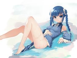 Rule 34 | anshinmama, bare shoulders, blue eyes, blue hair, braid, china dress, chinese clothes, chun meiyui, dress, highres, legs, lying, magia record: mahou shoujo madoka magica gaiden, mahou shoujo madoka magica, puddle, twin braids, water, wet, wet clothes