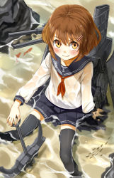 Rule 34 | 10s, 1girl, anchor, anchor symbol, black thighhighs, blush, brown eyes, brown hair, fang, female focus, from above, hair ornament, hairclip, highres, ikazuchi (kancolle), kantai collection, looking at viewer, nishiuri, partially submerged, personification, school uniform, see-through, serafuku, shallow water, short hair, skirt, smile, solo, thighhighs, water, wet, wet clothes