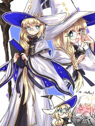 Rule 34 | 2girls, :d, ?, absurdres, baobhan sith (fate), black bow, black bowtie, blonde hair, blue eyes, blush, book, bow, bowtie, braid, braided ponytail, brooch, ebora, english text, fate/grand order, fate (series), glasses, hat, highres, holding, holding book, jewelry, long hair, low ponytail, mage staff, multiple girls, multiple views, open mouth, robe, round eyewear, smile, aesc (fate), very long hair, white headwear, white robe, witch hat