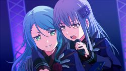 Rule 34 | 2girls, aqua hair, arm over shoulder, bang dream!, feathers, green eyes, grey hair, hikawa sayo, long hair, long sleeves, looking at another, microphone, minato yukina, multiple girls, music, open mouth, parted lips, singing, swept bangs, un403lucky, yellow eyes