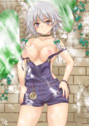 Rule 34 | 1girl, alternate costume, blush, bow, braid, breasts, broken wall, choker, collar, collarbone, female focus, grey eyes, hair bow, hands on own hips, highres, izayoi sakuya, large breasts, looking at viewer, naked overalls, nipples, no bra, outdoors, overalls, plant, pocket watch, silver hair, solo, strap slip, suspenders, touhou, twin braids, umyonge (lkakeu), vines, wall, watch