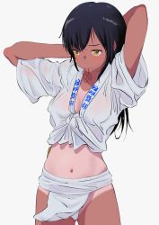 Rule 34 | 1girl, black hair, breasts, copyright request, cowboy shot, dark-skinned female, dark skin, front-tie top, fundoshi, hair tie, highres, japanese clothes, long hair, medium breasts, midriff, mizu happi, mouth hold, navel, no bra, one-piece tan, see-through, simple background, solo, tan, tanline, telephoto, tying hair, wet, wet clothes, white background, yellow eyes