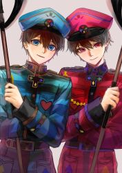 Rule 34 | 2boys, belt, black hair, blue eyes, blue hat, club (shape), diamond (shape), grey background, gyher, hair between eyes, hat, heart, heart no kuni no alice, holding, holding staff, jacket, looking at viewer, male focus, military uniform, multiple boys, parted lips, red eyes, red hat, siblings, spade (shape), staff, tweedle dee (kuni no alice), tweedle dum (kuni no alice), twins, uniform