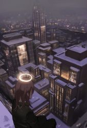 Rule 34 | 1boy, androgynous, angel devil (chainsaw man), black suit, blurry, brown hair, building, chainsaw man, city, cityscape, facing away, formal, halo, highres, long hair, looking afar, male focus, null (skev7724), scenery, signature, skyscraper, solo, suit